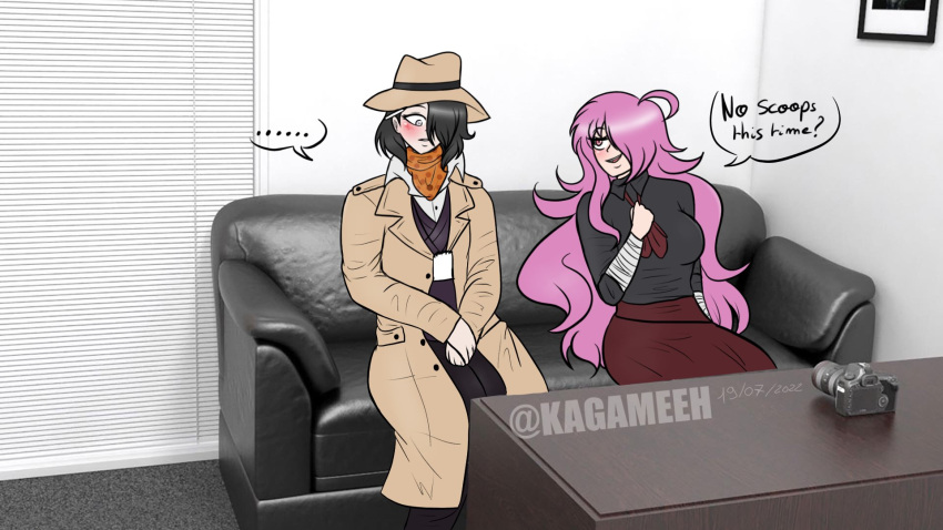 1boy 1girls black_hair casting_couch danganronpa danganronpa_another english_text fanganronpa female fully_clothed imminent_sex kagameeh kagami_(kagameeh) male pink_hair sdra2 super_danganronpa_another_2 yomiuri_nikei