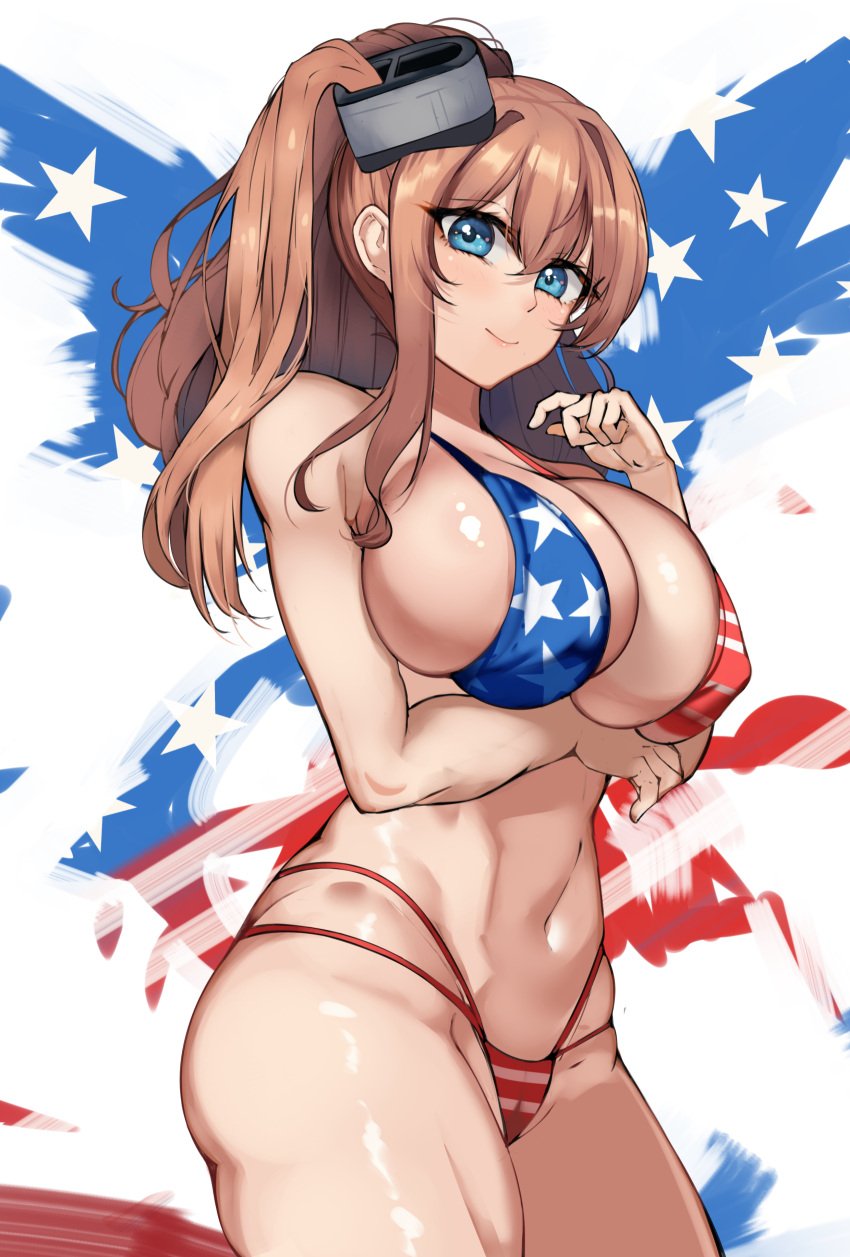 1girls alternate_version_available american_flag_bikini big_breasts bikini bikini_bottom bikini_top blue_eyes bottomwear breasts brown_hair cleavage female female_only hair hair_ornament hips huge_breasts kantai_collection purplecat_(artist) saratoga_(kantai_collection) smile solo solo_female swimwear thighs topwear