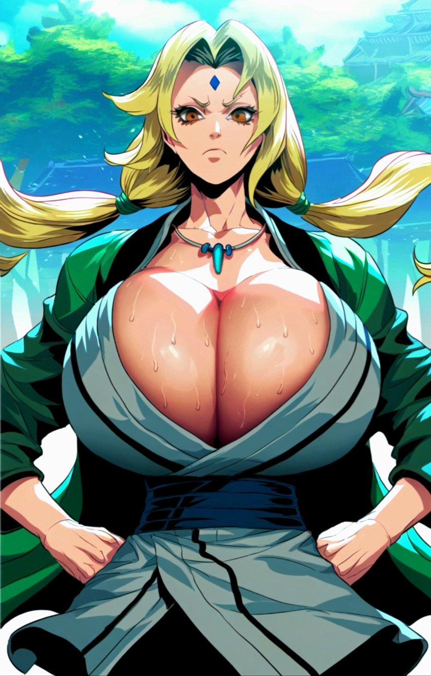 1girls ai_generated angry background blonde_hair breast_focus breasts_bigger_than_head brown_eyes bulging_breasts busty cleavage clothed clothed_breasts clothed_sex curvy curvy_figure gem_on_forehead gigantic_breasts hands_on_hips hokage hourglass_figure huge_breasts huge_cleavage massive_breasts narrow_waist naruto naruto_shippuden necklace round_breasts serious serious_look sweat sweating thin_waist tsunade