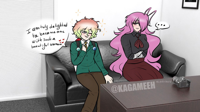 1boy 1girls casting_couch danganronpa danganronpa_another fanganronpa female fully_clothed kagameeh kagami_(kagameeh) kagarin_yuri light_skin male pink_hair sdra2 super_danganronpa_another_2