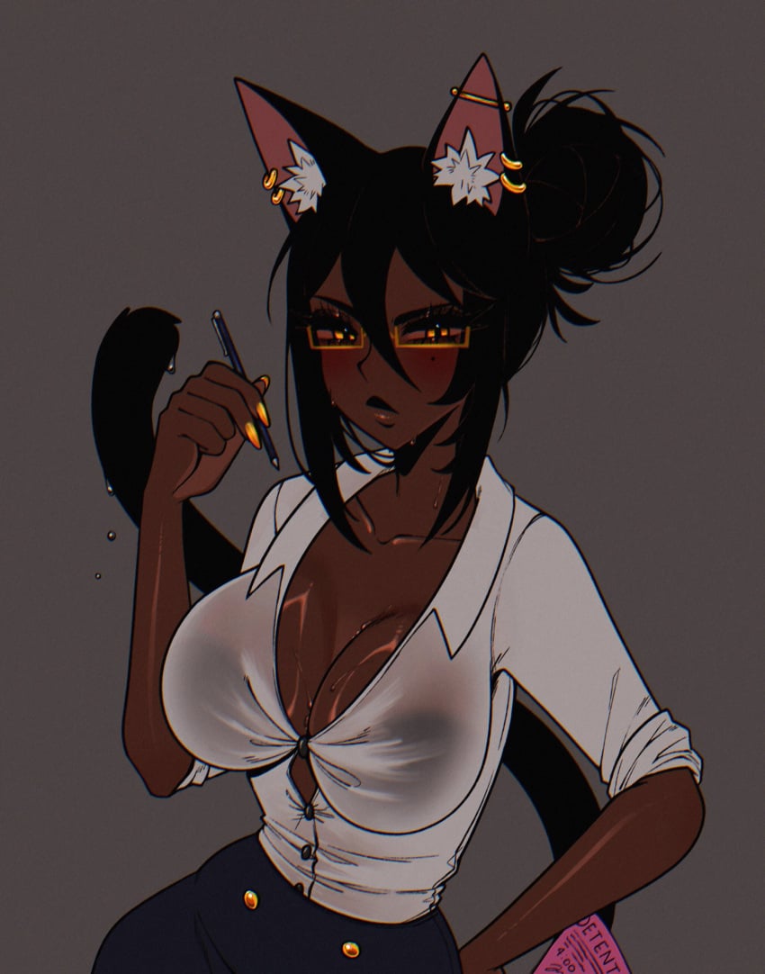 2023 black_hair bra_visible_through_clothes breasts cat_ears cat_tail catgirl cleavage crystalsugarstars dark-skinned_female ear_piercing glasses large_breasts office_lady pen random_cat_girl_(crystalsugarstars) yellow_eyes