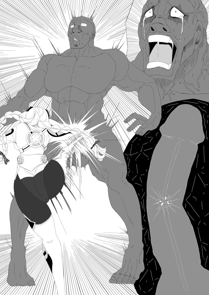 black_and_white black_man broken_penis comic crying_in_pain deserved_violence funny height_difference honkai_(series) honkai_impact_3rd kiana_kaslana kicking kicking_balls kicking_penis pain violence