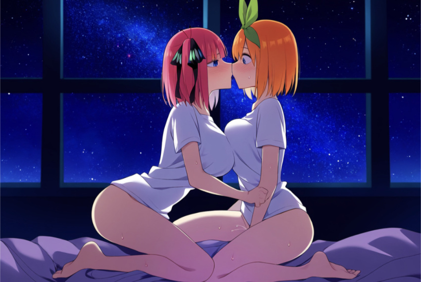 ai_generated blue_eyes breast_press go-toubun_no_hanayome incest large_breasts nakano_nino nakano_yotsuba on_knees only_shirt orange_hair pussy_juice red_hair sisters surprised yuri