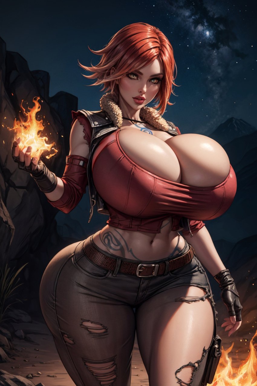 1girls ai_generated big_ass big_breasts borderlands bythebrokenone cleavage cleavage_overflow female_only fire gigantic_breasts huge_ass huge_breasts lilith_(borderlands) magic magic_user solo solo_female tagme thick_thighs tight_clothing torn_pants wide_hips