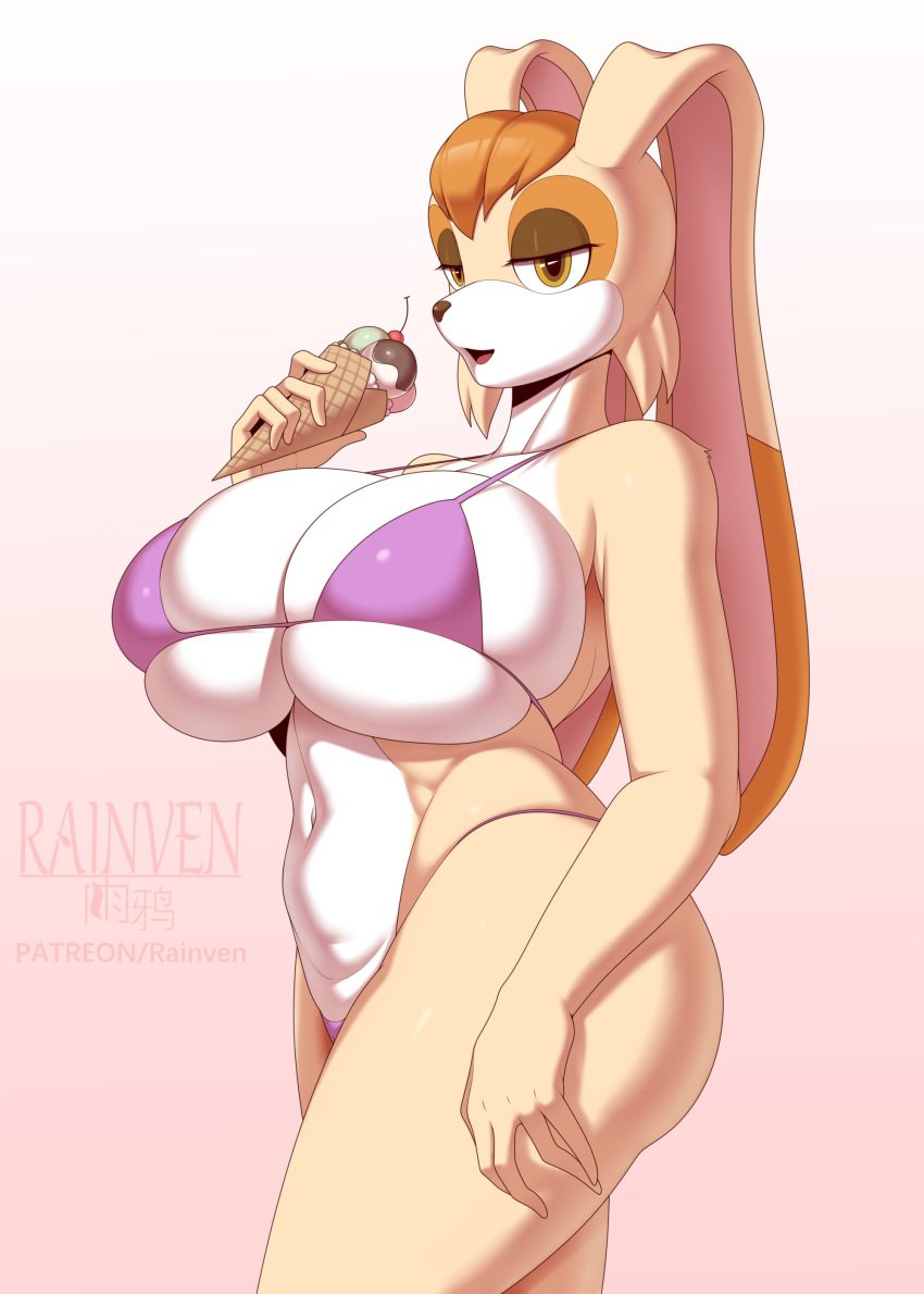 1girls 2023 animal_ears anthro big_breasts bikini bikini_bottom bikini_top bottomwear breasts brown_eyes bunny_ears bunny_girl cleavage female female_only half-closed_eyes hips holding_object huge_breasts ice_cream large_breasts mature mature_female mature_woman milf mother purple_bikini rainven sega solo solo_female sonic_(series) sonic_the_hedgehog_(series) swimwear thick_thighs thighs topwear vanilla_the_rabbit