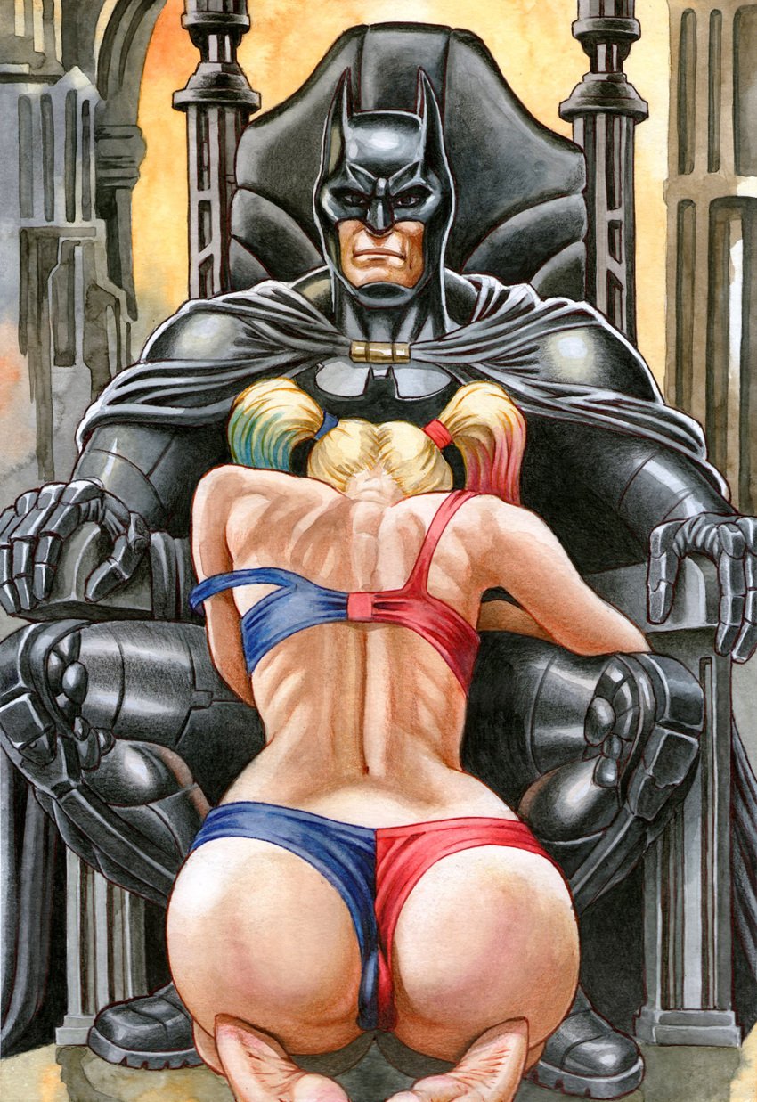 ass back_view batman batman_(series) dc dc_comics harley_quinn implied_oral implied_sex kneeling male/female submissive submissive_female throne twintails underwear yuranart