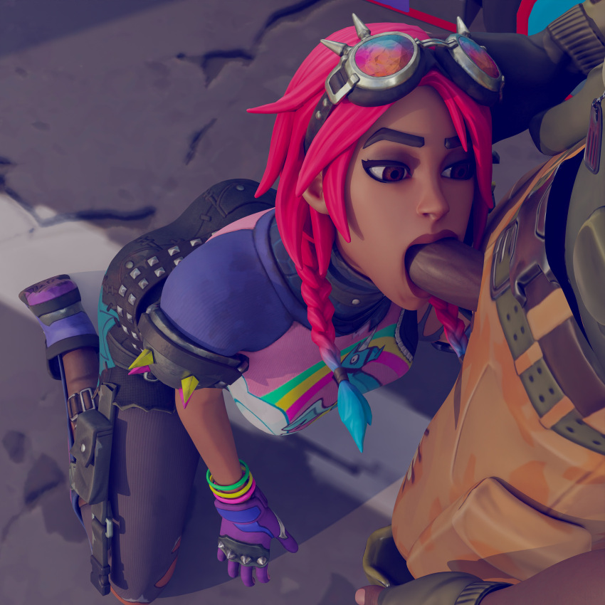 1boy 1girls 3d 3d_(artwork) blender blowjob brite_bomber brite_raider fortnite fortnite:_battle_royale interracial oral pink_hair straight xzcrystal3d