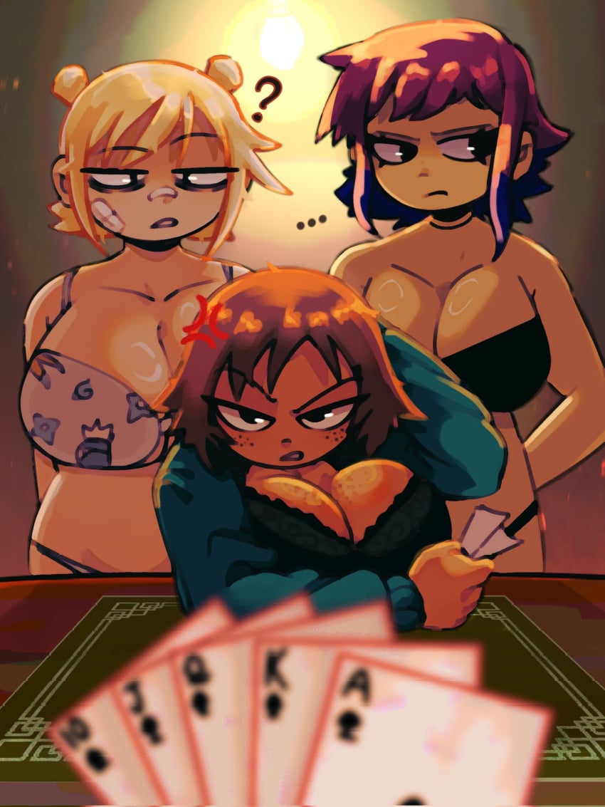 ... 3girls ? anger_vein annoyed annoyed_expression bandaid bandaid_on_face bandaid_on_nose big_breasts black_bra black_eyes black_underwear blonde_hair bra brown_hair busty card cleavage confused_look female female_focus female_only freckles freckles_on_breasts freckles_on_face giant_breasts hair_bun holding_object huge_breasts jacket kim_pine multiple_girls open_clothes open_jacket panties partially_clothed pink_hair poker pov purple_hair ramona_flowers roxanne_richter scott_pilgrim setymus short_hair strip_poker two_tone_hair underwear white_underwear