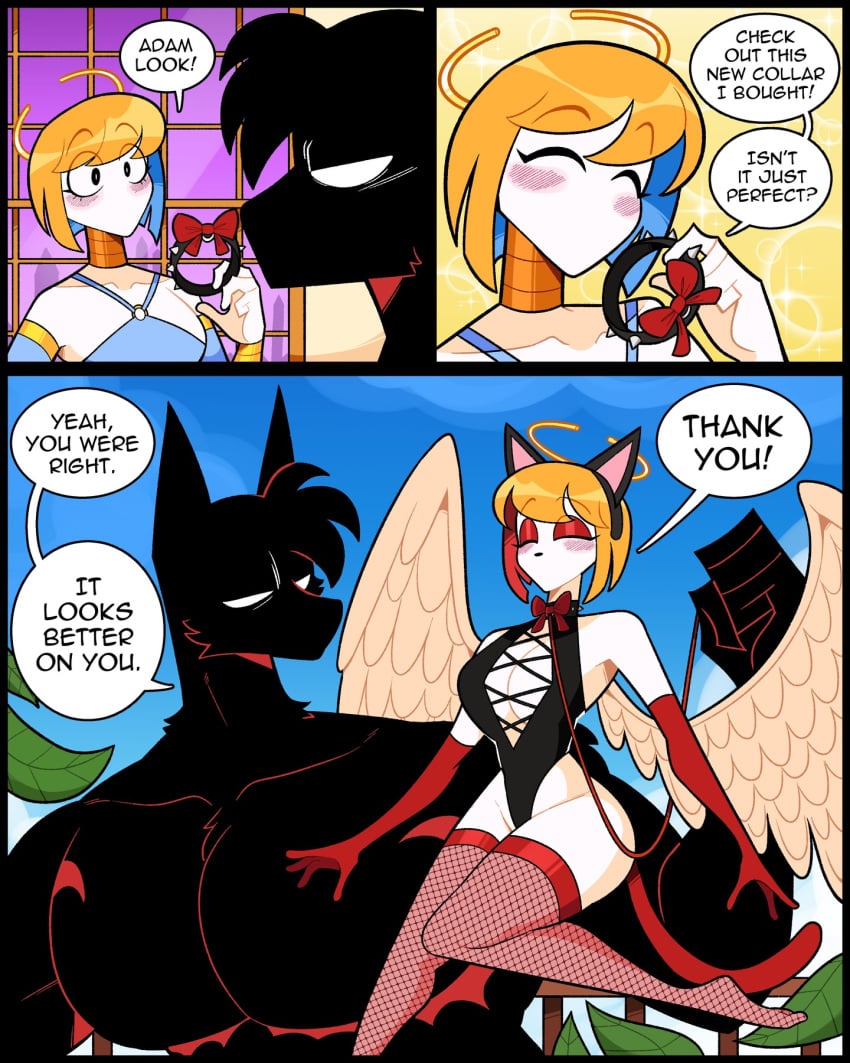 1440p 2boys 2k 3koma 4:5 adam_(idolomantises) angel angel_wings bangs big_breasts black_cat_ears black_collar black_eyes black_fur blonde_hair blue_clothing blue_hair blue_sky blush bow broken_halo canine canon_couple cat_ears cat_tail child_bearing_hips choker collar collar_and_leash comic couple demon dialogue dog_boy dog_ears domino_(idolomantises) english english_dialogue english_text exposed_shoulders eyebrows eyebrows_visible_through_hair eyelashes eyeliner eyeshadow fake_animal_ears fake_tail fallen_angel femboy fishnet_stockings fishnet_thighhighs fishnets floating fur halo hellhound hourglass_figure idolomantises incubus inner_sideboob large_breasts leash leaves looking_at_partner male male_breasts male_only mastectomy_scar monsters_and_girls muscular_male purple_sky red_eyeshadow red_hair red_leash red_stockings red_tail red_thighhighs short_hair speech_bubble spiked_collar spikes stockings swept_bangs text text_bubble thick_thighs thighhighs thunder_thighs top_surgery_scars two_tone_hair white_eyes white_feathers white_skin white_wings wide_hips wings yellow_hair