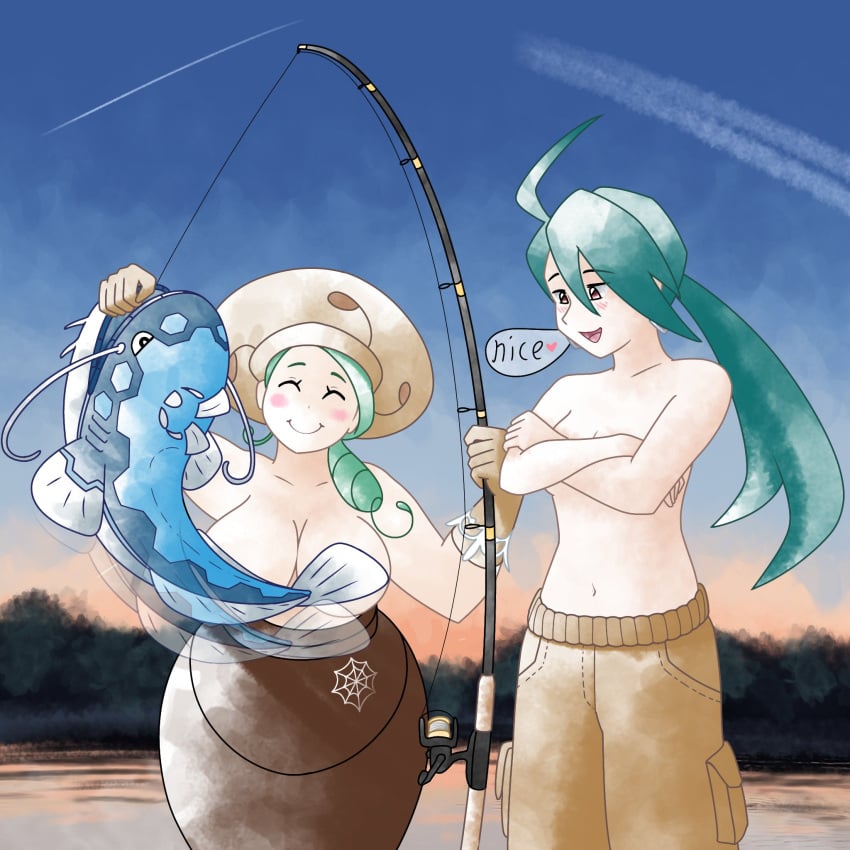 2girls ahoge apron bangs big_breasts blush blush_stickers breasts casual casual_exposure closed_eyes covered_nipples covering_breasts crossed_arms dondozo duo english_text female female_only fish fishing fishing_rod game_freak gloves greatmothsucks green_hair happy hat holding_object huge_breasts katy_(pokemon) lake large_breasts looking_at_another nintendo outdoors pants partially_clothed pokemon pokemon_(species) pokemon_sv rika_(pokemon) smile speech_bubble spider_web_print spoken_heart sunset text topless water