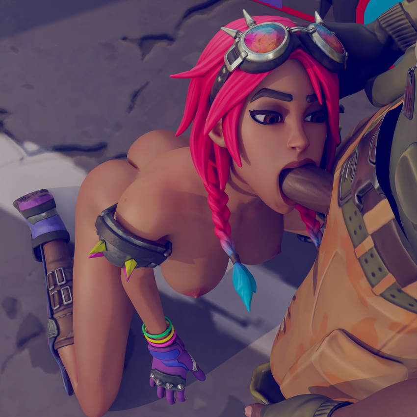 1boy 1girls 3d 3d_(artwork) ass blender blowjob breasts brite_bomber brite_raider female fortnite interracial oral oral_sex