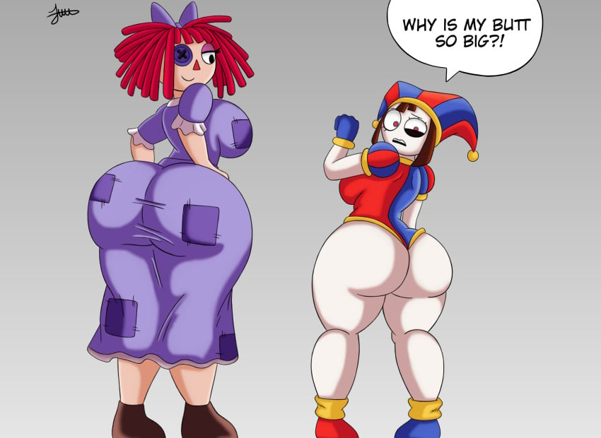 2girls ass ass_focus big_ass big_breasts big_butt breasts clown_girl dialogue fat_ass juuzouthegoat multiple_girls pomni pomni_(the_amazing_digital_circus) ragatha ragatha_(the_amazing_digital_circus) the_amazing_digital_circus