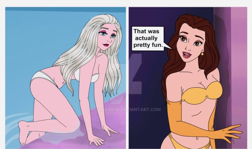 beauty_and_the_beast belle bikini breasts comic disney disney_princess elsa_(frozen) frozen_(film) lipstick serisabibi