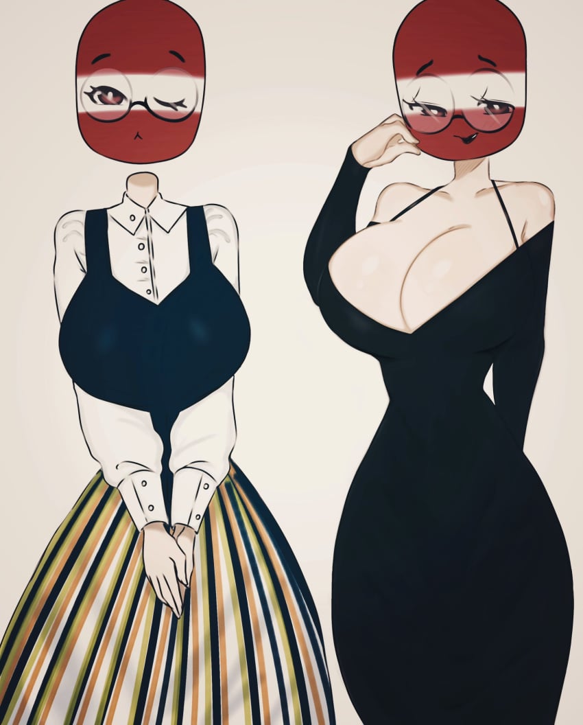 1girls big_breasts black_lipstick breasts clothed countryhumans countryhumans_girl dress female female_only flawsy glasses latvia_(countryhumans) lipstick looking_at_viewer looking_away red_eyes tagme