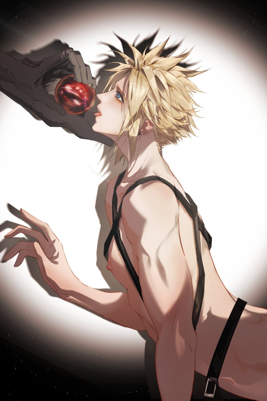 2boys arched_back belts blonde_hair blue_eyes cloud_strife color erect_nipples feminine_male final_fantasy final_fantasy_vii gay gloves light-skinned_male light_skin looking_up male/male materia muscular muscular_male naked nipples nude sephiroth spiky_hair square_enix straps tagme tongue tongue_out yaoi