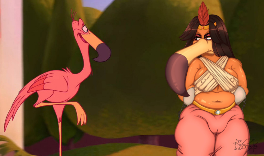 accessory anthro avian beak belly belt big_breasts bird black_hair bondage bondage bound breasts camel_toe chained chained_cuffs chained_up chains cuff_(restraint) disney disney&#039;s_aladdin duo erect_nipples feathers female flamingo gag_mask hair headband hi_res human male male/female mammal mask nipple_outline nipples overweight overweight_female pink_body pink_feathers punishment restraints taoreta thick_thighs