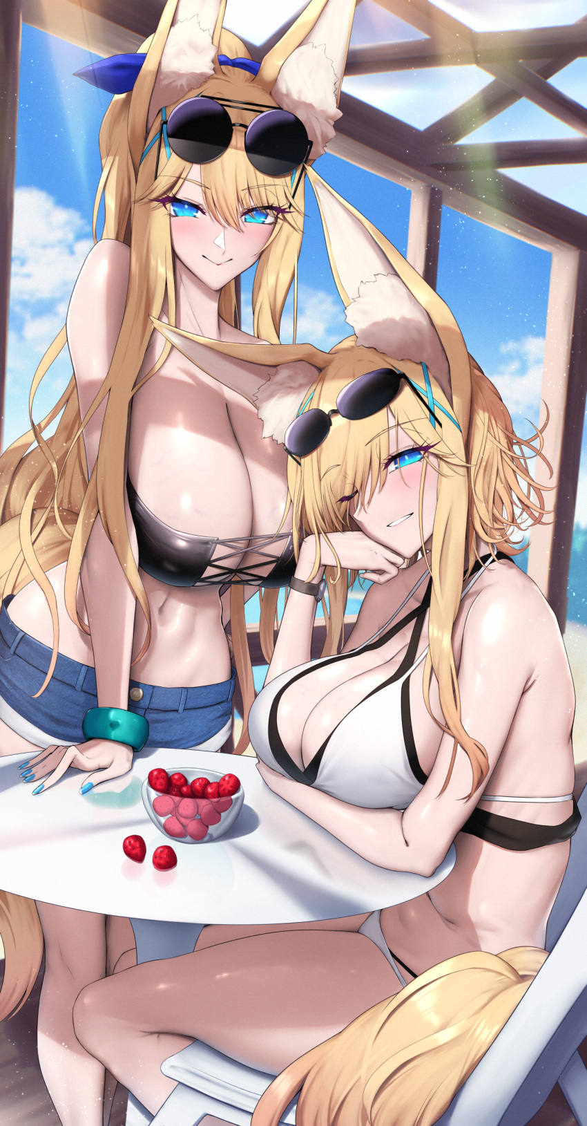 2girls absurdres animal_ear_fluff animal_ears bandeau bikini black_bandeau black_tube_top blonde_hair blue_eyes breasts eyewear_on_head food fox_ears fox_girl fox_tail fruit highres huge_breasts layered_bikini long_hair looking_at_viewer multiple_girls one_eye_closed original shiroshisu smile strapless strawberry sunglasses swimsuit tail tube_top