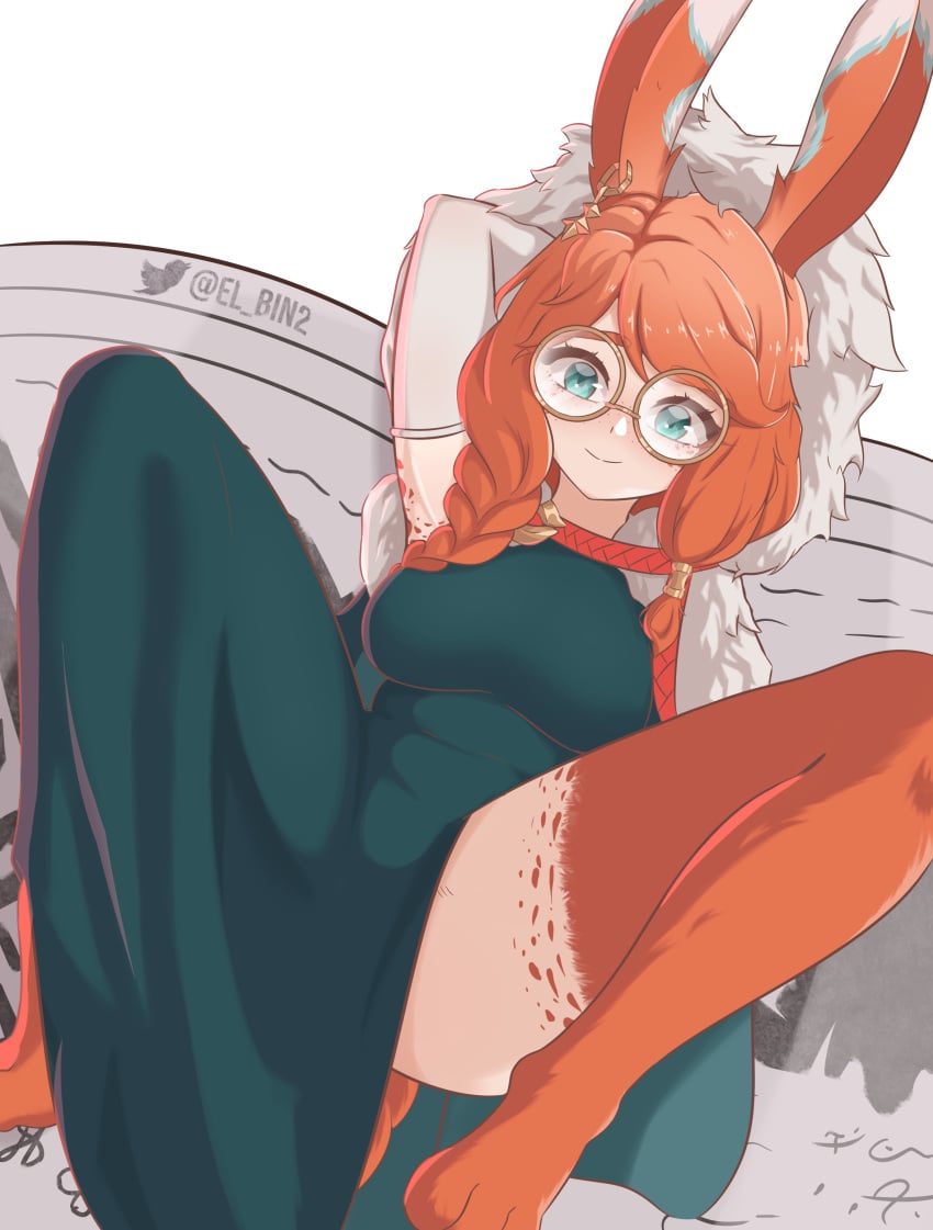 1girls aurora_(league_of_legends) breasts bunny_ears bunny_tail covered_breasts earrings el_bin female furry furry_legs glasses league_of_legends legs_up long_hair looking_at_viewer orange_hair pale-skinned_female pale_skin red_hair riot_games round_glasses smile solo thick_thighs thighs vastaya