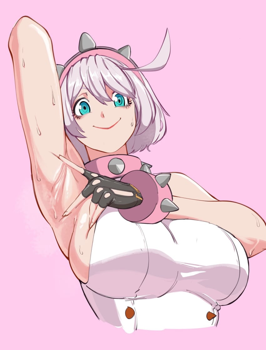 armpit_crease armpit_fetish armpits big_breasts blue_eyes elphelt_valentine guilty_gear guilty_gear_strive huge_breasts inviting lipstick octavius_dp sideboob smile spreading_armpit sweat sweaty_armpits