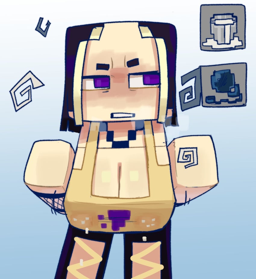 1girls big_breasts black_hair black_lemonade_cookie blocky_body blonde_bangs breasts cleavage clothed clothed_female cookie_run cookie_run_kingdom cosplay female_focus female_only goth goth_girl hexanne lactating lactation light-skinned_female light_skin milk minecraft pale-skinned_female pale_skin purple_eyes showing_breasts solo solo_female solo_focus square_breasts starfall_(hexanne) steam_from_mouth