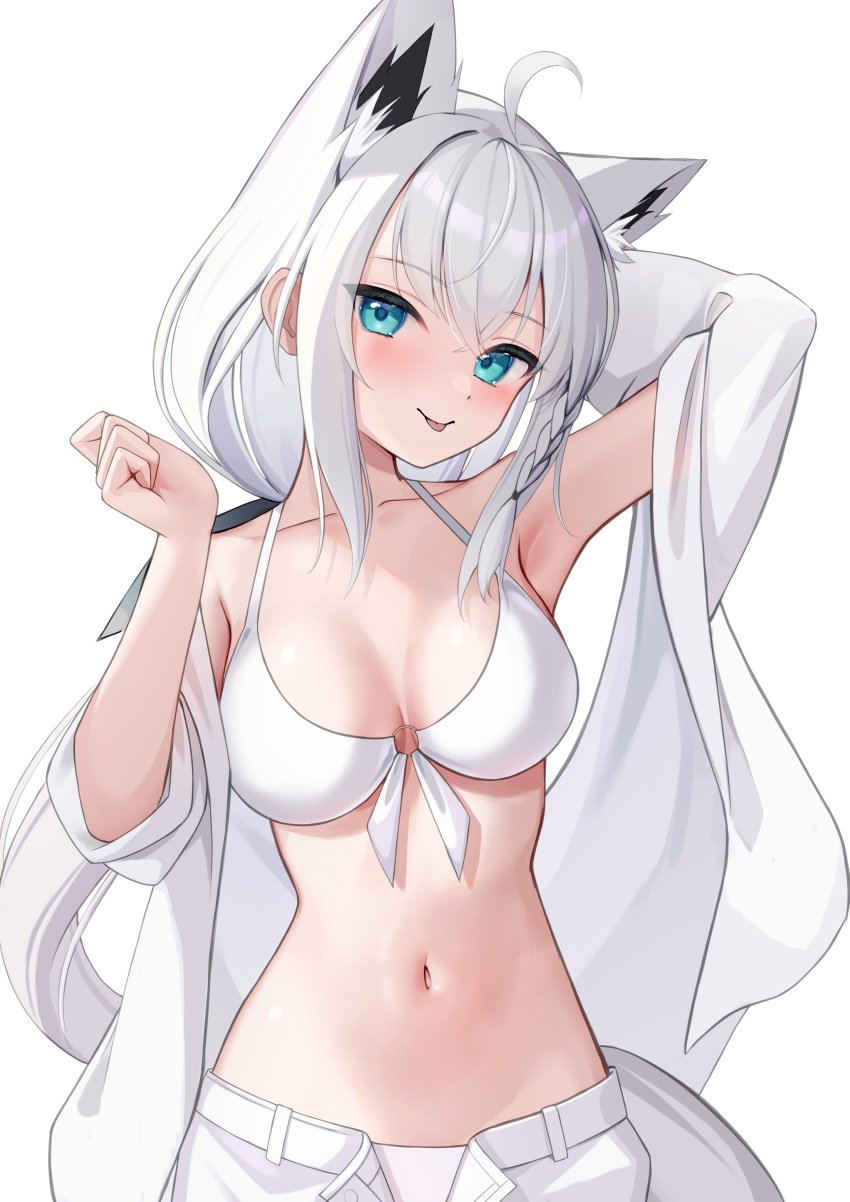 1girls :p absurdres ahoge alternate_costume animal_ear_fluff animal_ears arm_behind_head armpits bikini blue_eyes blush braid breasts closed_mouth commentary crossed_bangs female fox_ears fox_girl fox_tail hair_between_eyes halterneck hand_up highres hololive hololive_gamers hololive_gen_1 hololive_japan large_breasts long_hair looking_at_viewer low_ponytail navel o-ring o-ring_bikini o-ring_top off_shoulder open_clothes open_fly open_shirt shin_insh shirakami_fubuki shirt side_braid simple_background single_braid solo stomach swimsuit tail tongue tongue_out very_long_hair virtual_youtuber white_background white_bikini white_hair white_shirt