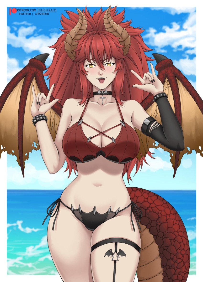 1girls beach big_breasts bikini bikini_bottom clothing dragon_girl dragon_tail dragon_wings female female_only front_view light-skinned_female messy_hair red_hair tehshraid tongue_out virtual_youtuber vshojo yellow_eyes zentreya