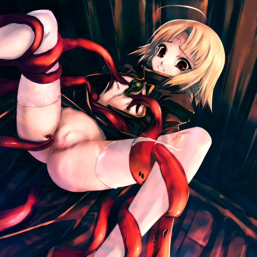 1girls blonde_hair breasts censored clenched_teeth color female flat_chest highres hitomaru imminent_rape nil-eve open_clothes open_shirt original pussy red_eyes shirt short_hair small_breasts tears tentacle tentacle_on_female tentacle_suspension thighhighs white_legwear white_thighhighs