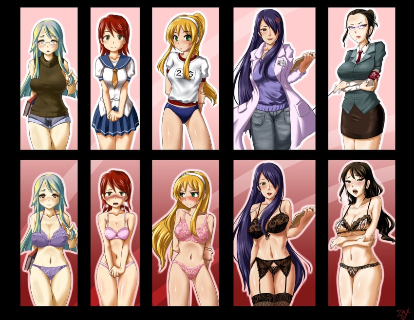 5girls armband black_bra black_panties blonde_hair blue_hair blush book bra breasts breath brown_eyes buruma character_request comparison cross crotchless_panties denim denim_shorts earrings erect_nipples female female_only garter_belt glasses green_eyes gym_uniform hair_bun hair_over_one_eyes hair_twirling hairband highres jeans jewelry labcoat lace lace_bra lace_panties large_breasts legwear lingerie long_hair looking_at_viewer mole multiple_girls navel necktie nippleless_clothes nippleless_clothing nipples nurse original panties pink_bra pink_panties pubic_hair purple_bra purple_panties pussy red_hair school_uniform see-through serafuku series_request short_hair shorts shy skirt stockings straight_hair sweater teacher tears thighhighs underwear zaxwu