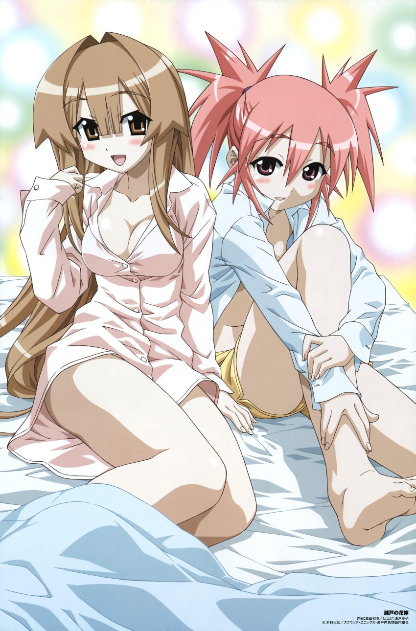 barefoot bed blush bottomless bra breasts brown_eyes brown_hair cleavage edomae_lunar feet female female_only high_resolution large_breasts leg_hug lingerie long_hair lunar_edomae morita_kazuaki my_bride_is_a_mermaid nightshirt no_bra open_clothes open_shirt open_skirt pink_eyes pink_hair purple_hair red_eyes san_seto seto_no_hanayome seto_sun shirt shorts sitting tied_hair twintails underwear