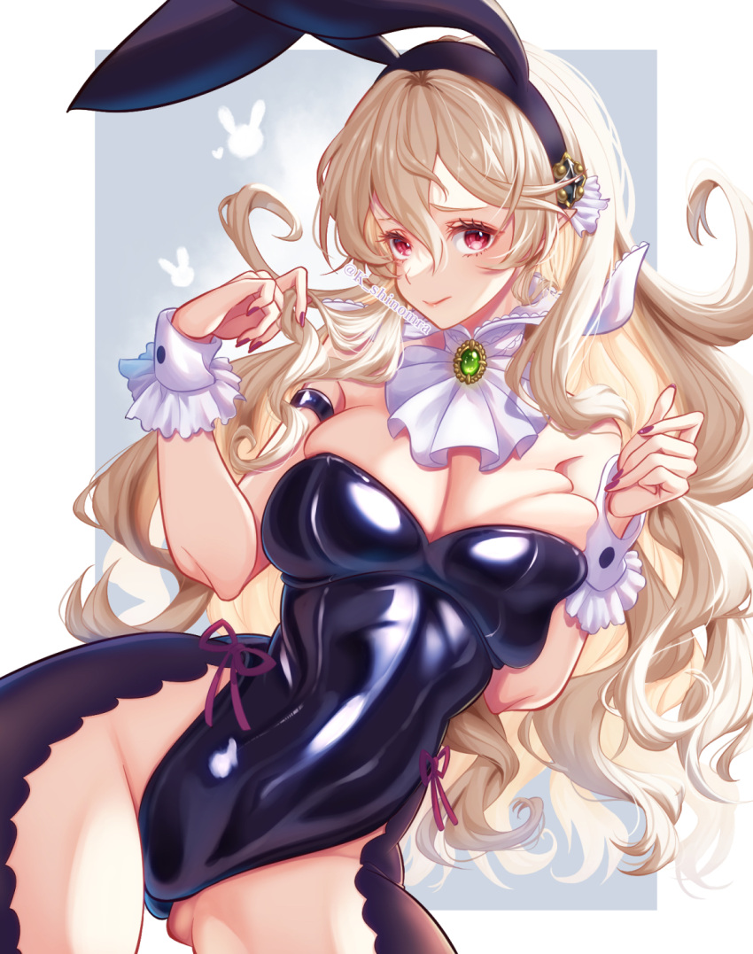 1girls alternate_costume animal_ear_headwear animal_ears artist_name ass_visible_through_thighs bangs bare_shoulders bare_thighs big_breasts black_leotard blonde_hair breasts bunny_ears bunny_girl bunnysuit cleavage closed_mouth commentary_request corrin_(female)_(fire_emblem) corrin_(fire_emblem) corrin_(fire_emblem)_(female) detached_collar fake_animal_ears female female female_only fire_emblem fire_emblem_fates frills grey_hair hair_between_eyes highres inner_thighs karashino leotard long_hair nail_polish nintendo playboy_bunny pointy_ears rabbit_ears red_eyes red_nails signature solo strapless strapless_leotard thighs wavy_hair wide_hips wrist_cuffs year_of_the_rabbit