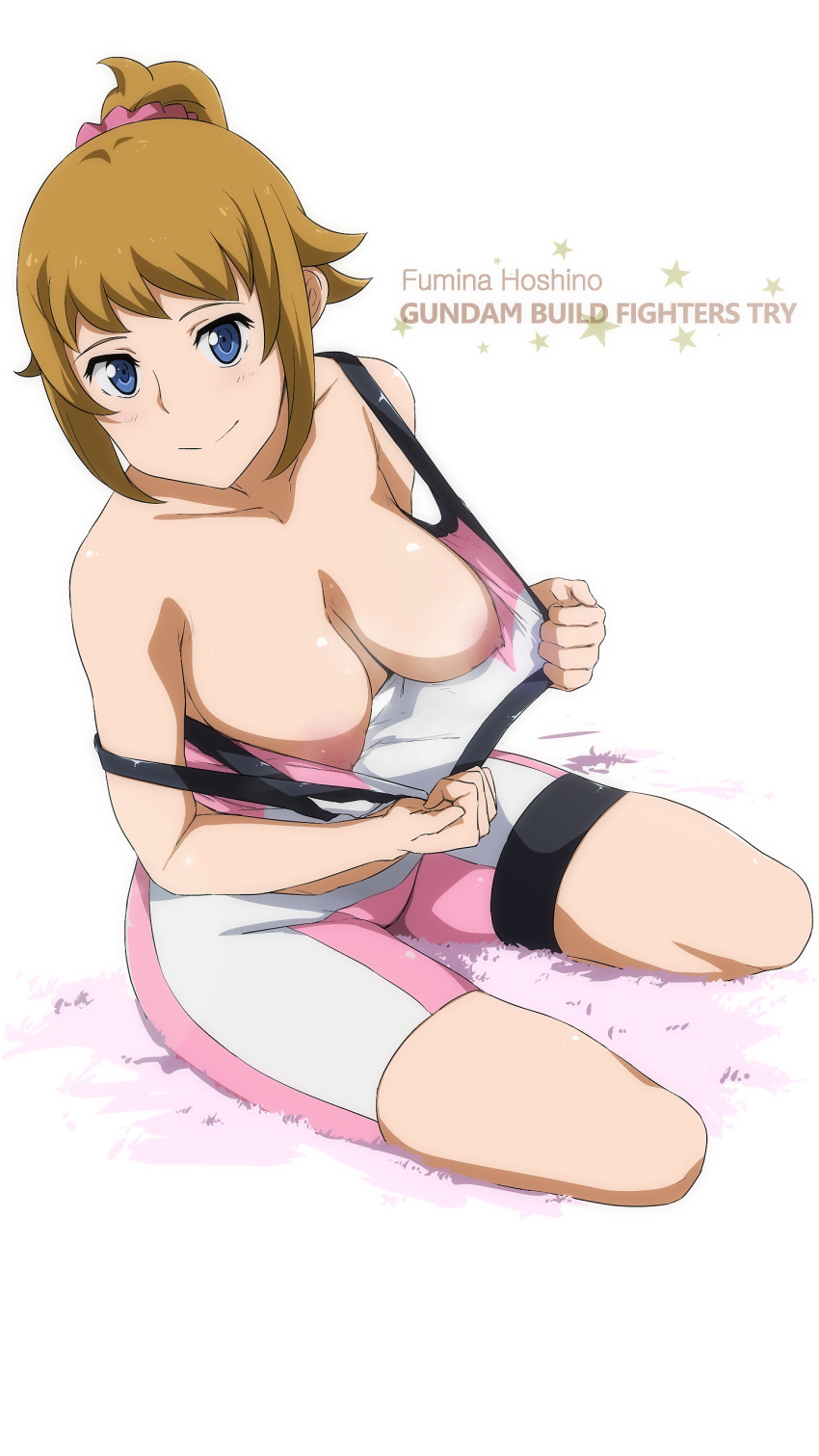 absurdres bike_shorts blue_eyes bra bra_pull breasts brown_hair female gundam gundam_build_fighters gundam_build_fighters_try highres hoshino_fumina large_breasts nipples ponytail seiza short_hair sitting solo sports_bra strap_slip tied_hair tonotyama underwear