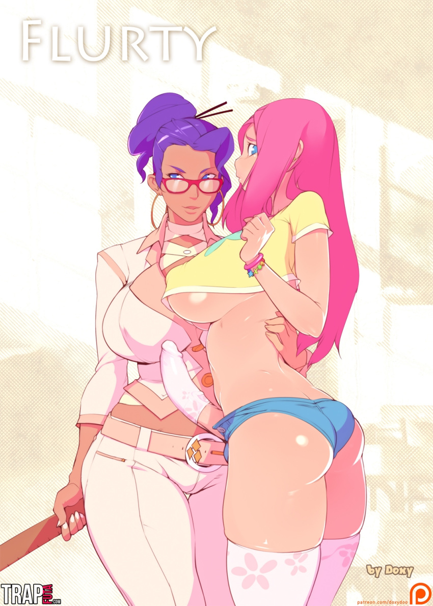 ass ass_cleavage belt bimbo blue_eyes blue_hair bracelet breasts bulge butt_crack butt_shot cock_sleeve cock_sleeve_(clothes) cock_sock comic_cover cover dark_skin doujin_cover doxy earrings erect_nipples erection flurty_(comic) fluttershy_(mlp) friendship_is_magic futa_with_futa futadom futanari futasub hoop_earrings huge_breasts human humanized intersex jean_shorts large_ass large_penis long_hair my_little_pony navel nipple_bulge nipples panties panty_bulge penis pink_hair rarity_(mlp) ruler shorts skindentation sock_on_penis standing straight_hair t-shirt teacher teacher_and_student testicles testicles_in_panties thigh_gap thighhighs underboob