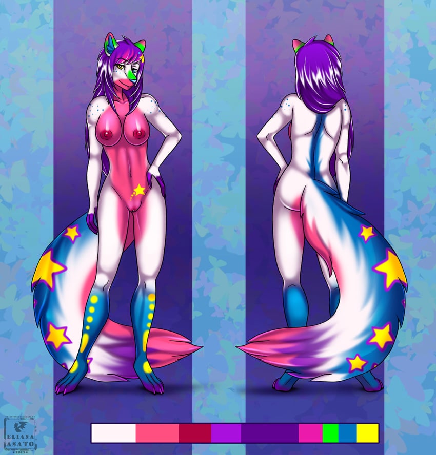 2015 back_view breasts canine colorful eliana-asato female front_view fur hair lilac long_hair mammal model_sheet multicolored_eyes nipples nude purple_hair solo standing star white_fur wolf