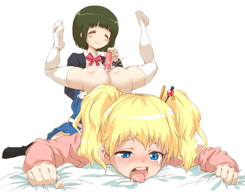 2girls alice_cartelet anus artist_request ass bed blonde_hair blue_eyes blush bottomless clothing dildo feet female hair_ornament kin-iro_mosaic multiple_girls oomiya_shinobu pussy pussy_juice saliva skirt stockings tears thighhighs thighs tongue_out top-down_bottom-up yuri