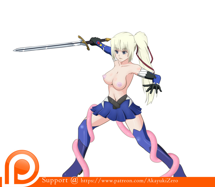 akayuki-zero bare_shoulders blonde_hair blue_eyes breasts female limalisha madan_no_ou_to_vanadis simple_background skirt sword tentacle weapon