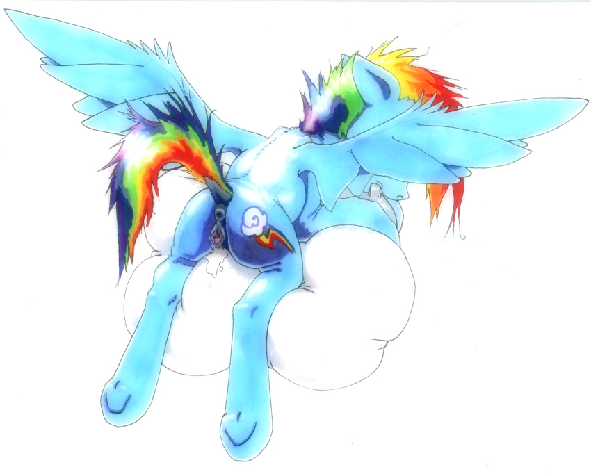 2015 absurd_res anus ass bite blue_fur cloud cutie_mark equine female feral friendship_is_magic fur hair hi_res mammal multicolored_hair my_little_pony oddwarg pegasus plain_background pussy pussy_juice rainbow_dash_(mlp) rainbow_hair solo white_background wings