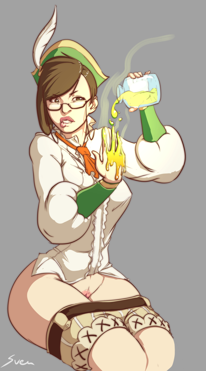 biting_lip brown_eyes brown_hair cropped_legs female glasses grey_background guildmarm_(monster_hunter) hat jar monster_hunter monster_hunter_4 no_panties pussy short_hair shorts shorts_down simple_background sitting slime solo svenners