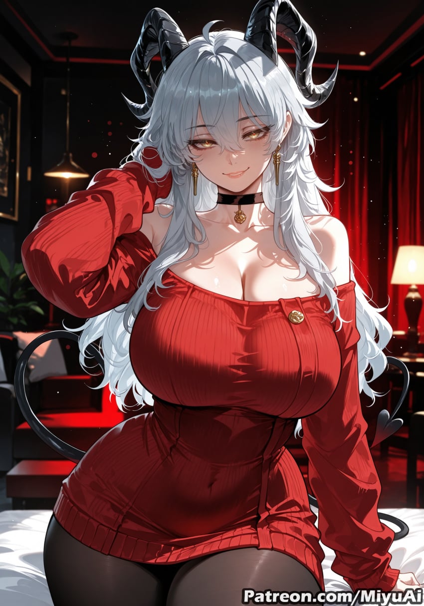zani_(wuthering_waves) wuthering_waves cosplay yor_briar_(cosplay) spy_x_family red_sweater sweater pantyhose miyuai ai_generated ai_assisted thick_thighs thick_ass thick thick_legs thick_hips thick_butt wide_hips wide_thighs voluptuous voluptuous_female curvy curvy_figure curvaceous curvy_female female 1girl breasts tail demon_tail cleavage long_hair huge_breasts jewelry earrings choker rating:safe blush silver_hair looking_at_viewer smile covered_navel dress bare_shoulders off_shoulder horns solo bangs eyebrows_visible_through_hair hair_between_eyes black_legwear thighs