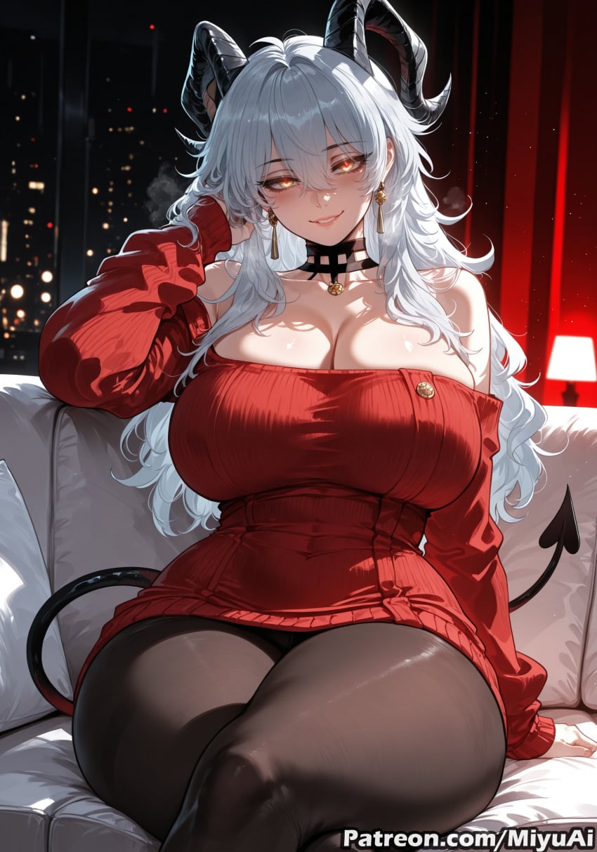 zani_(wuthering_waves) wuthering_waves cosplay yor_briar_(cosplay) spy_x_family red_sweater sweater pantyhose miyuai ai_generated ai_assisted thick_thighs thick_ass thick thick_legs thick_hips thick_butt wide_hips wide_thighs voluptuous voluptuous_female curvy curvy_figure curvaceous curvy_female female 1girl tail breasts demon_tail sitting huge_breasts earrings jewelry cleavage long_hair looking_at_viewer underwear rating:safe horns bare_shoulders smile thighband_pantyhose blush panties black_legwear choker silver_hair solo off_shoulder thighs bangs sitting_on_bed bed dress