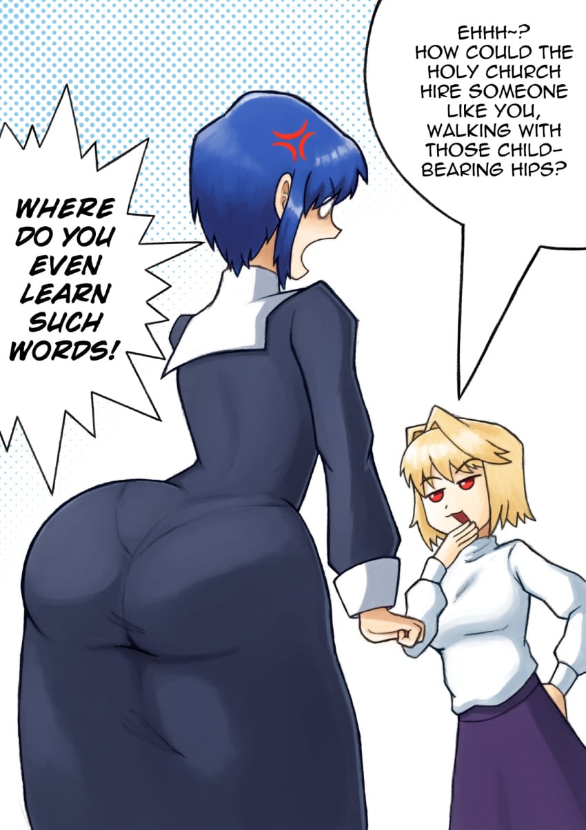 2girls anger_vein angry arcueid_brunestud ass ass_bigger_than_head ass_focus blonde_hair blue_eyes blue_hair bottom_heavy butt ciel_(tsukihime) female_only huge_ass joyfuljoe leaning looking_at_another nun pantylines red_eyes short_hair sweater tsukihime tunic turtleneck_sweater white_sweater wing_collar