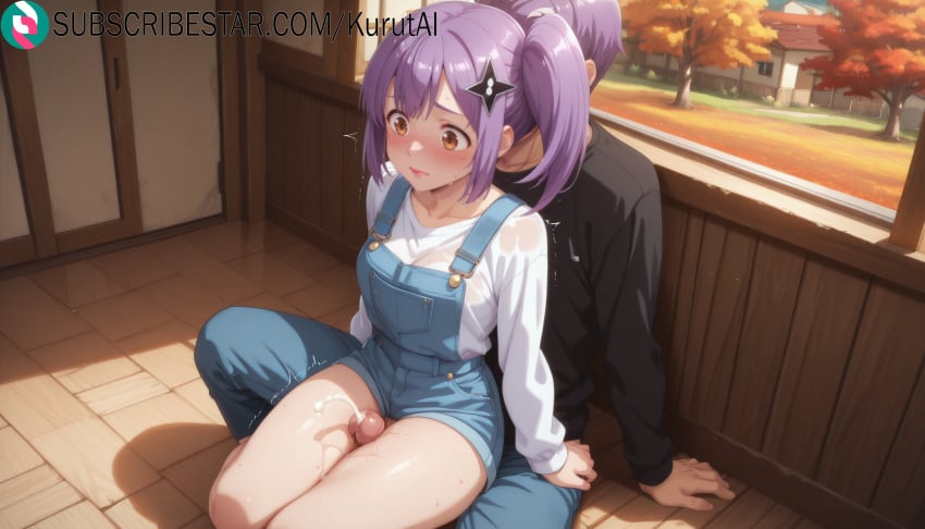 ninja_to_koroshiya_no_futarigurashi kusagakure_satoko penis rating:explicit purple_hair suspenders autumn_leaves brown_eyes overalls testicles cum outdoors sitting erection blush futanari sitting_on_bench sweat hair_ornament sidelocks thigh_sex 1boy collarbone on_bench shirt 1girls ai_generated artist_name artist_signature hi_res high_resolution highres kurutai subscribestar subscribestar_username uncensored