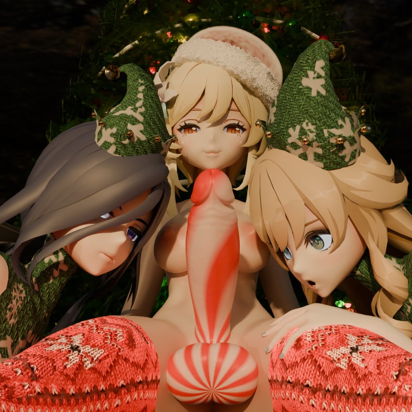 3d christmas clorinde_(genshin_impact) futanari genshin_impact lumine_(genshin_impact) navia_(genshin_impact) self_upload sinfuldegen