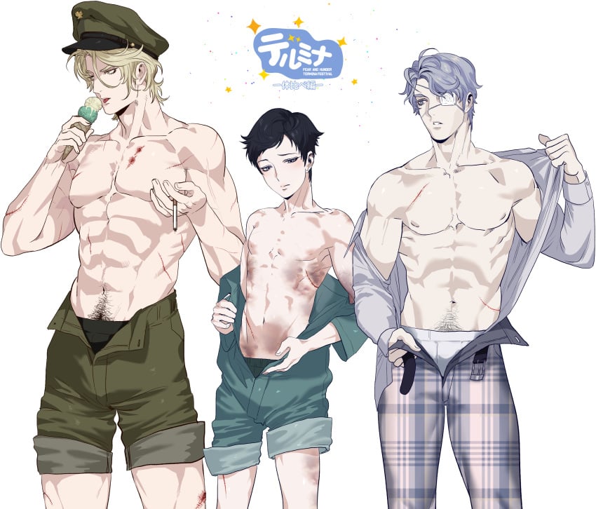 3boys black_hair blonde_hair blush bruise bruised bruises cigarette daan_(fear_and_hunger) eriurias73 eye_patch fear_and_hunger fear_and_hunger:_termina gunshot_wound happy_trail ice_cream jumpsuit lavender_hair levi_(fear_and_hunger) male male_only male_pubic_hair military military_hat military_uniform muscular muscular_male open_jumpsuit open_pants open_shirt pale-skinned_male pale_skin pavel_yudin pubic_hair purple_hair scar scars scars_all_over shy skinny smoking twink unbuckled_belt uniform