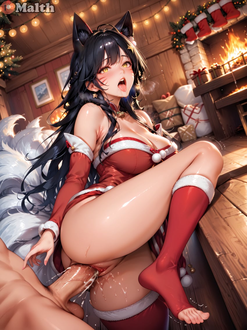 1boy 1girls ahri ai_generated bare_shoulders black_hair blush christmas christmas_outfit cleavage fox_ears fox_girl fox_tail highres large_breasts league_of_legends league_of_legends:_wild_rift looking_at_viewer malth moaning one_leg_bent one_leg_raised one_leg_up santa_costume sex sex_from_behind standing standing_on_one_leg standing_sex thick_thighs thighhighs toeless_legwear toeless_socks vagina vaginal_penetration vaginal_penetration vaginal_sex white_tail