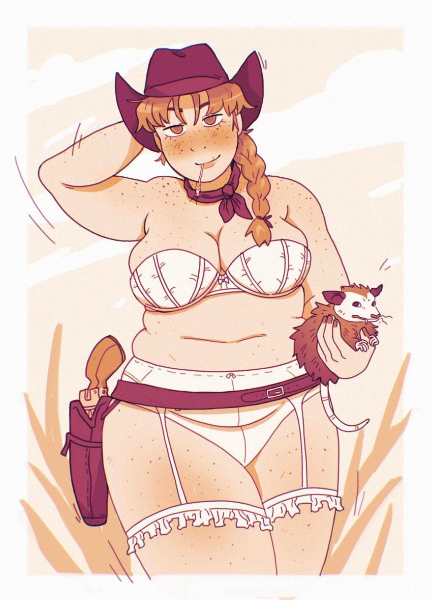 1girls abbi_(fawnduu) american_opossum bandana belt big_breasts blush bra braid braided_hair breasts chubby cowboy_hat cowgirl fat fawnduu female freckles ginger ginger_hair gun hand_behind_head holding_object holster holstered_weapon looking_at_viewer monochrome orange_hair outdoors overweight panties pistol smile straw_in_mouth underwear_only weapon western