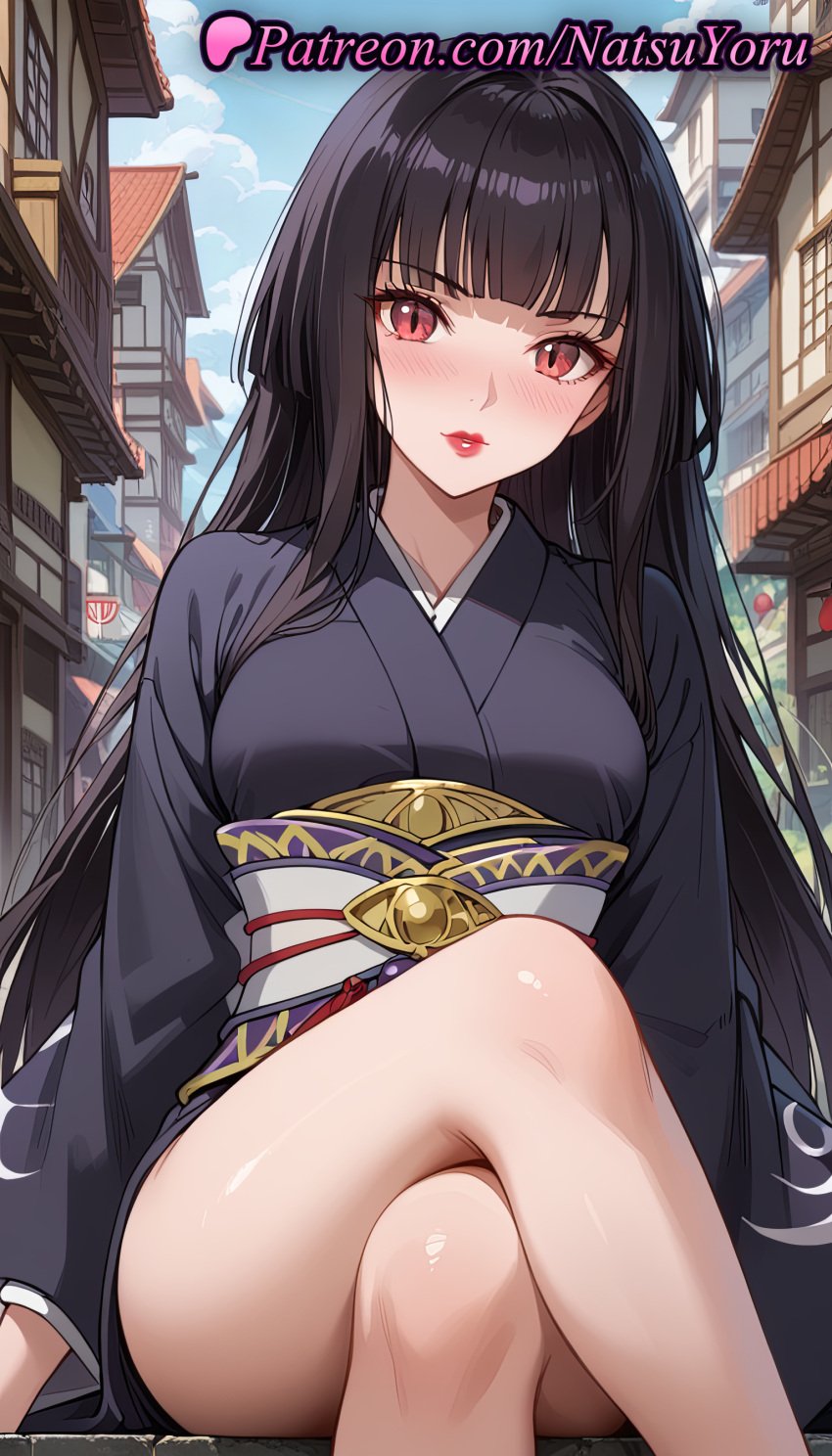 1girls ai_generated anime anime_style asian bangs bare_legs black_hair black_kimono blunt_bangs blush breasts building bust busty clothing cloud crossed_legs day feet_out_of_frame female female_focus female_only glass_(tate_no_yuusha_no_nariagari) hentai hime_cut japanese_clothes kimono legs lips lipstick long_hair long_sleeves looking_at_viewer makeup natsuyoru obi outdoors parted_lips red_eyes red_lips sash sitting sky solo solo_female tate_no_yuusha_no_nariagari the_rising_of_the_shield_hero thighs very_long_hair voluptuous voluptuous_female wafuku yukata