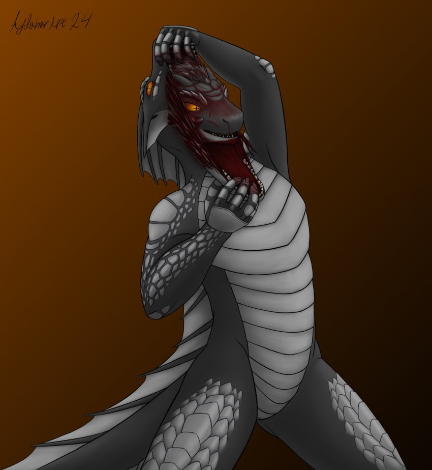 5_fingers absurd_res anthro aydahar aydaharart blood bodily_fluids claws dragon fingers gore grey_body grey_hair hair heterochromia hi_res hybrid male membrane_(anatomy) mythological_creature mythological_scalie mythology orange_eyes red_eyes reptile scales scalie snake solo