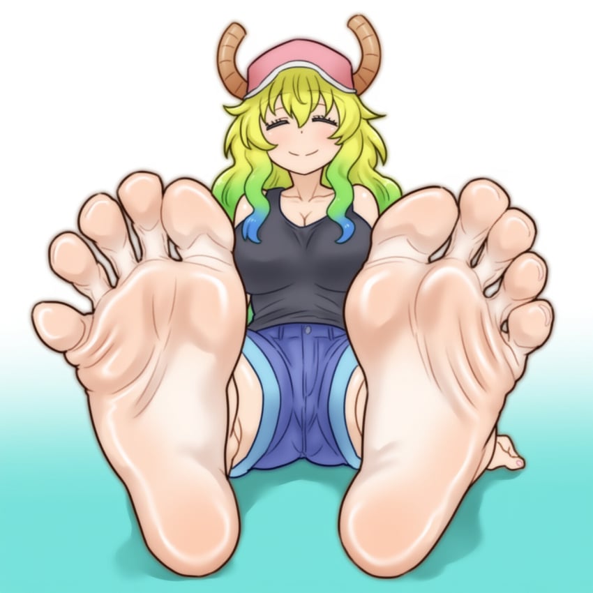 1girls ai_generated barefoot blonde_hair cleavage closed_eyes foot_fetish foot_focus horn lucoa lucoa_(maidragon) miss_kobayashi's_dragon_maid pov quetzalcoatl_(dragon_maid) shiny_skin smile soles tank_top toes