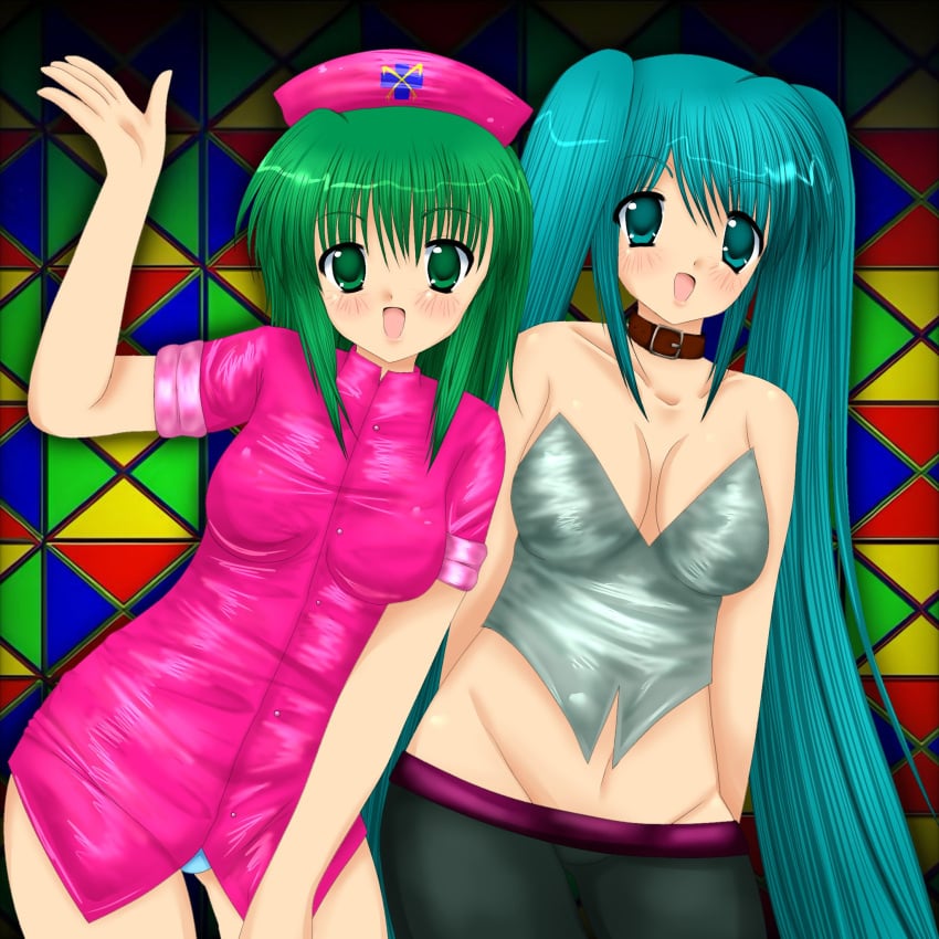 2000s_(style) 2girls animal_collar ass_visible_through_thighs bare_shoulders black_pants blue_background blue_panties bottomless breasts bunker_busters_(vocaloid) buttoned_shirt cleavage collarbone cross cross_print dog_collar green_background green_eyes green_hair gumi hat hatsune_miku highlights highlights_(coloring) kitnomaly large_breasts long_hair looking_at_viewer masa_works_design multicolored_background multiple_girls mv_character navel nurse_hat panties panties_peek pants pink_shirt print_hat red_background red_collar red_dog_collar shirt short_sleeves teal_eyes teal_hair twintails underwear very_long_hair vocaloid yellow_background