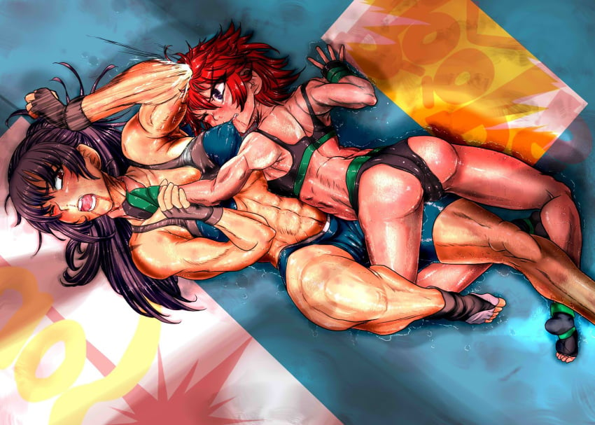 2girls abs akizam anger angry bite biting biting_neck catfight hate leg_lock muscular muscular_female sweat sweatdrop sweaty wet wrestling wrestling_ring wrestlingryona yuri